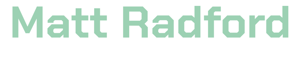 Logo with the name "Matt Radford" in large green letters and "Game Director" in smaller white letters underneath.