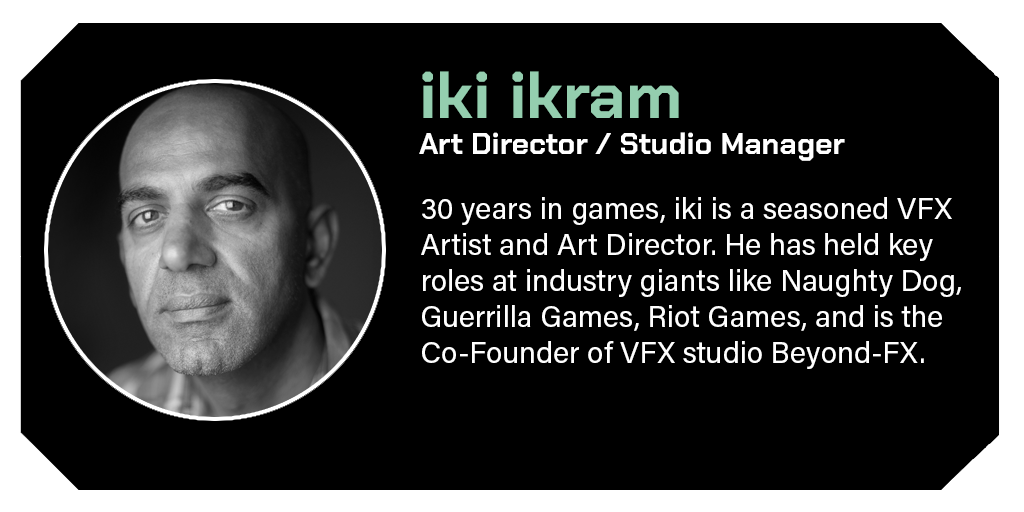 A black and white portrait of a man with short hair and a serious expression, along with text about his professional background as an art director and VFX artist named Iki Ikram.