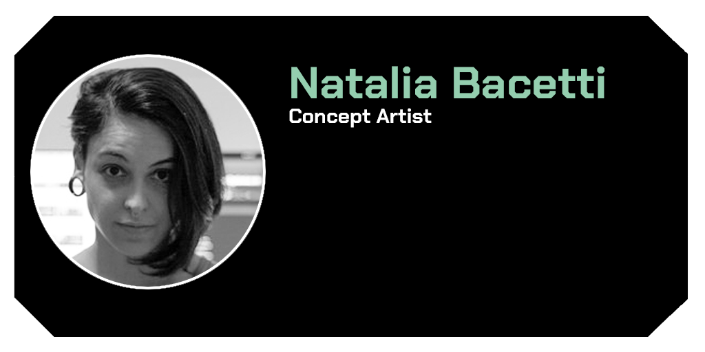 A graphic design ID badge featuring a black and white portrait of a woman with short dark hair, earrings, and a slight smile. Text on the badge reads 'Natalia Bacetti, Concept Artist.'