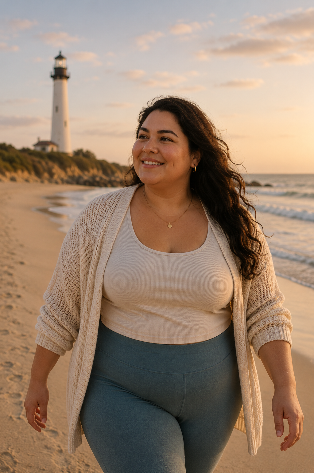 A woman smiling and walking on the beach near a lighthouse during sunset.