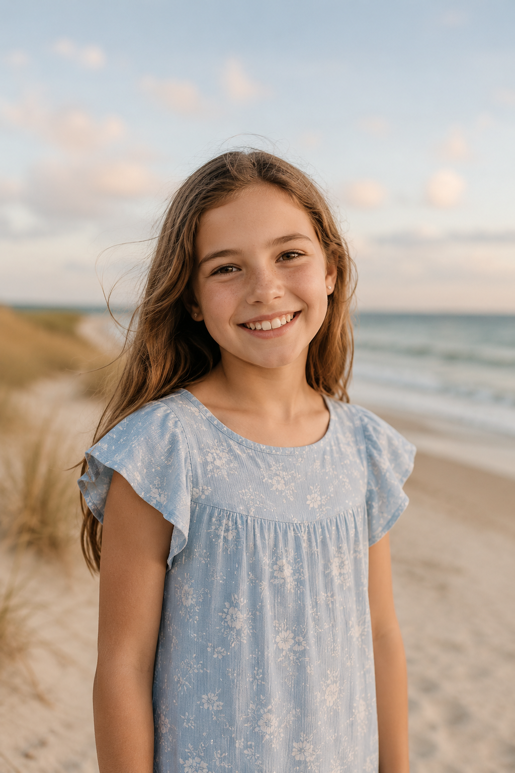 A young girl smiling at the camera on a sandy beach with dunes and ocean in the background during sunset.