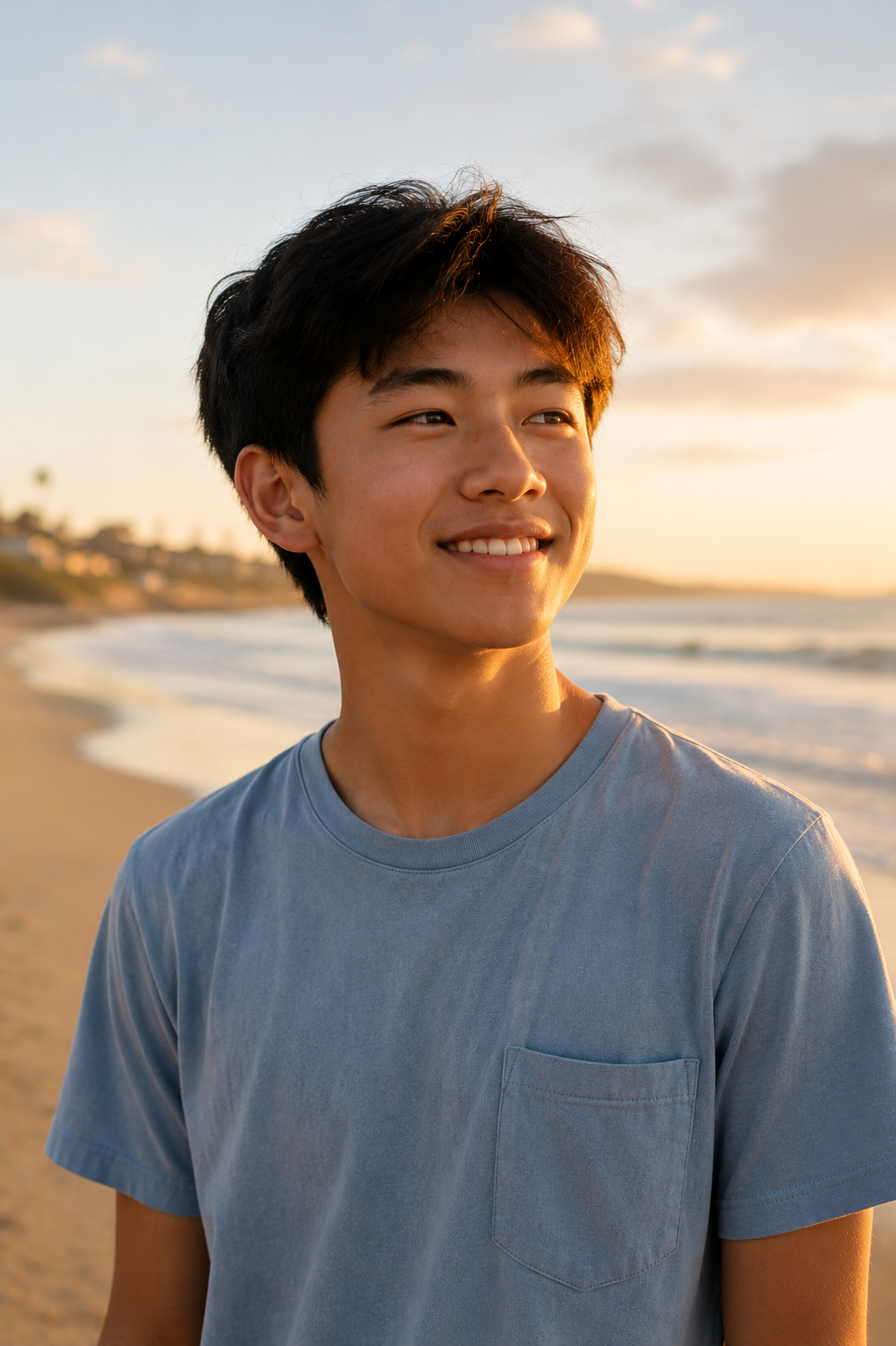 A young man smiling while standing on the beach during sunset with the ocean and shoreline in the background.