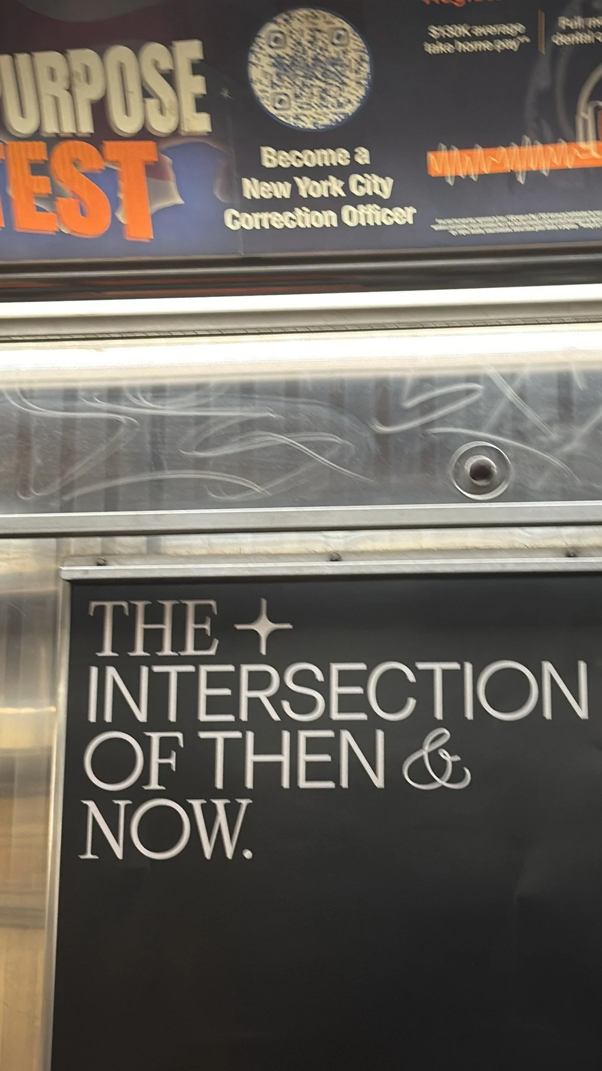 Sign that reads, 'The intersection of then & now.'