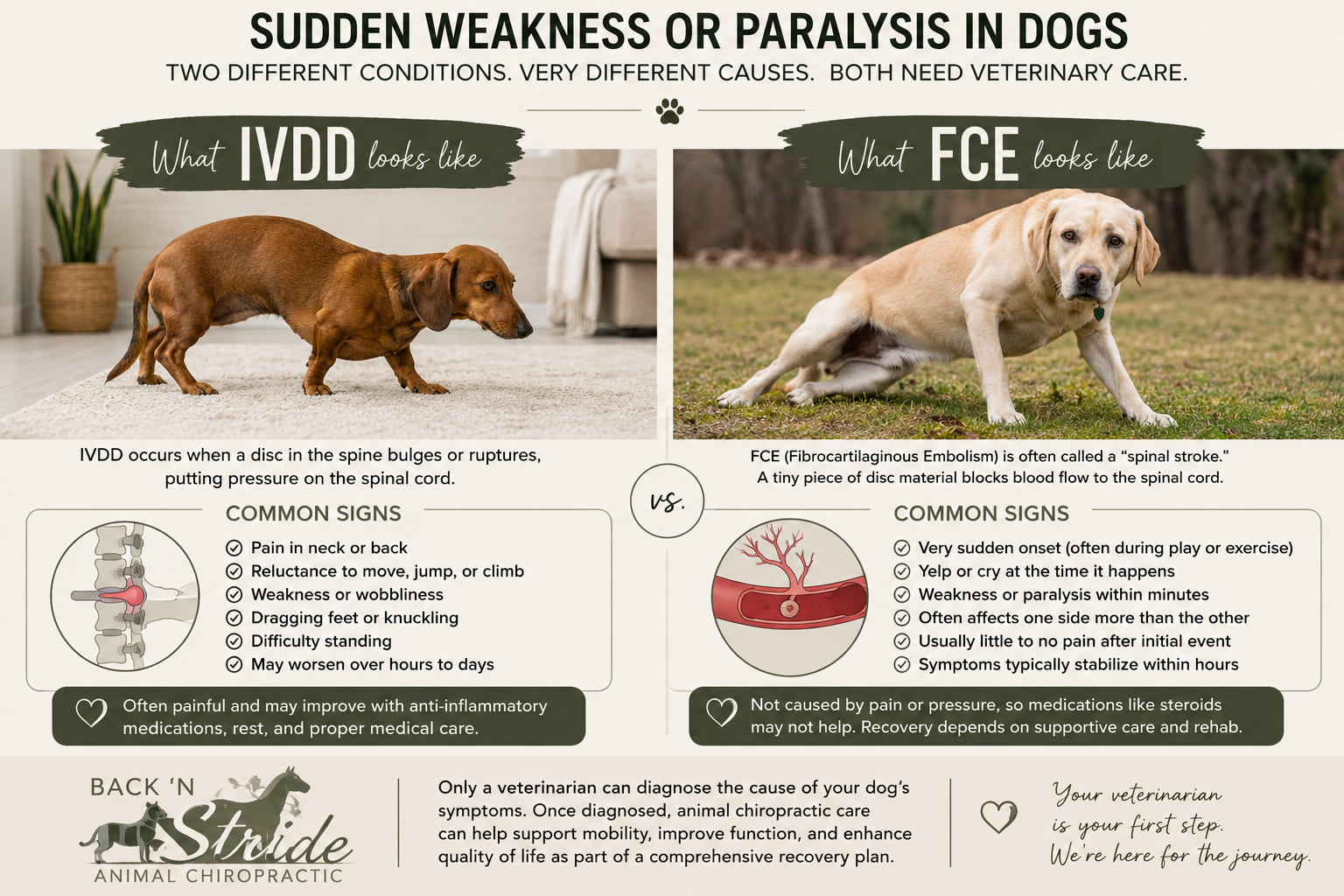 When a Dog Suddenly Can't Walk: Understanding IVDD, FCE, and How Animal Chiropractic Can Support Recovery