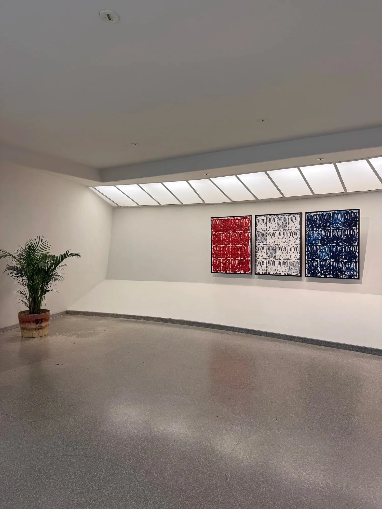 Empty gallery with three patterned artworks on the far wall
