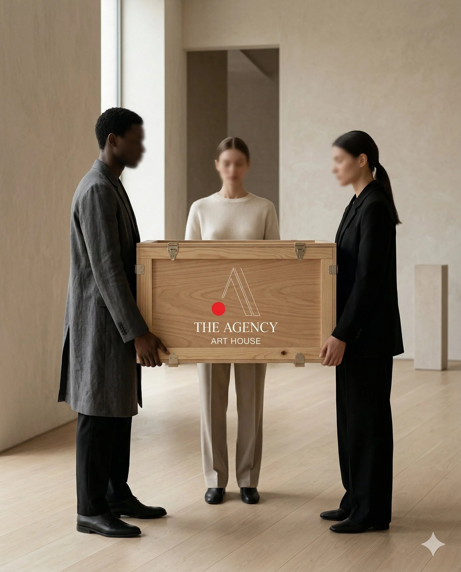 Three people holding an art crate with The Agency Art House logo
