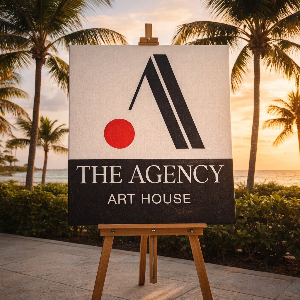 The Agency Art House logo on an easel at sunset with palm trees