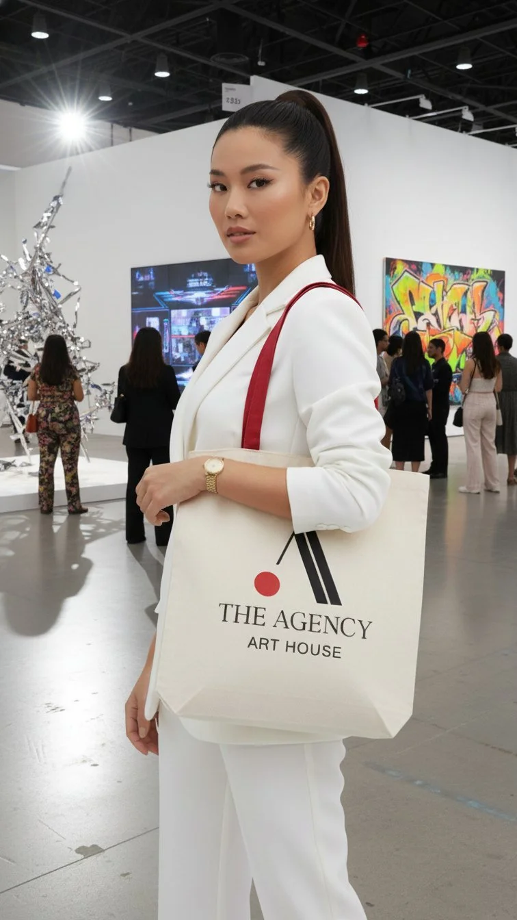 Woman at an art fair carrying an Agency Art House tote bag