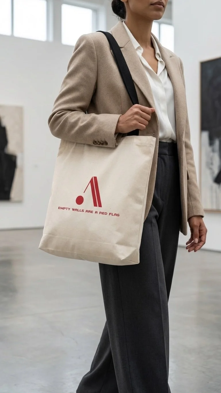 A woman wearing a beige blazer and dark trousers, carrying a beige tote bag with a red emblem and the words 'EMPTY WALLS ARE A RED FLAG' written on it, inside an art gallery.