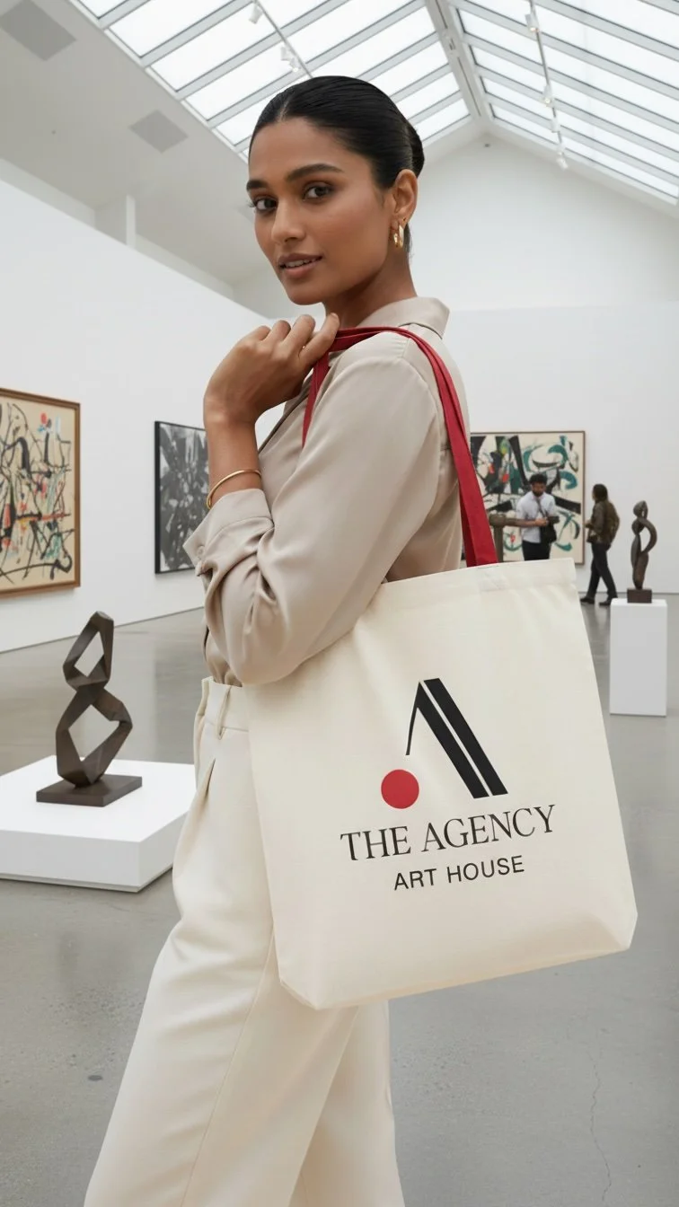 A woman standing in an art gallery, holding a white tote bag with black and red text and graphics, under a glass ceiling with artworks and visitors in the background.