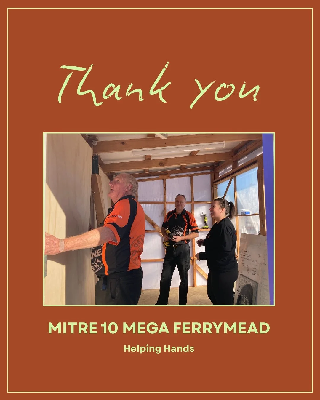 A huge thank you to Mitre 10 MEGA Ferrymead and their Helping Hands team for their incredible support in transforming The Shed Gallery! 

The crew got stuck in, giving our shed a much-needed facelift. Adding new ply panelling, fluted plastic windows,