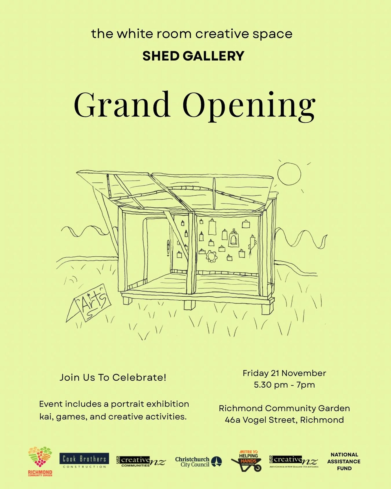 The Shed Gallery is officially opening!

Join us at the Richmond Community Garden as we celebrate the launch of our brand new creative space, The Shed Gallery, a grassroots project supporting accessible community arts.

We&rsquo;ll be marking the occ