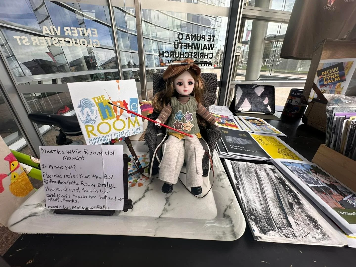 We need a name for The White Room mascot, some of the suggestions so far are Dolly, Adelaide, Artemis. If you think you have a good idea for a name come and visit us at otautahi_zinefest