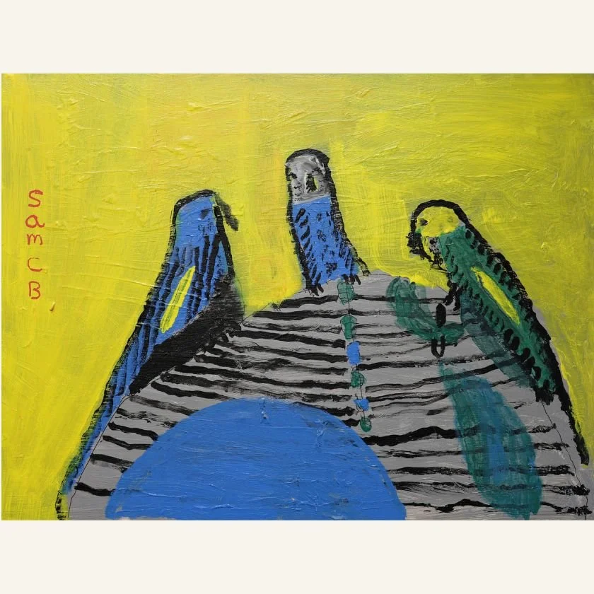 Oscar and 2 Budgies by Samantha Bennett