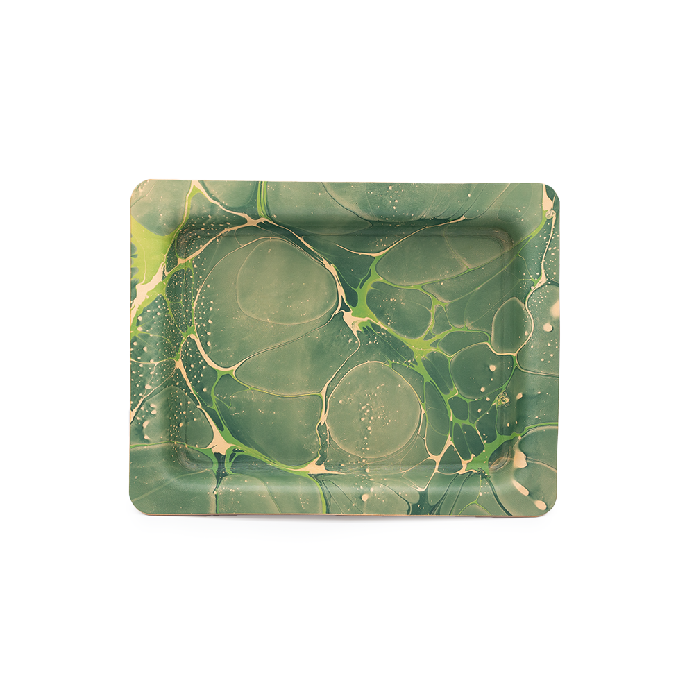 Rectangular tray with green and beige marbled pattern