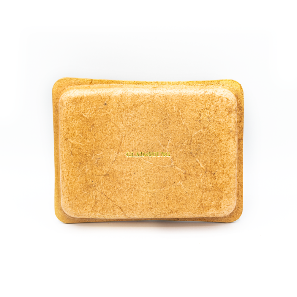 Back of rectangular leather tray. 