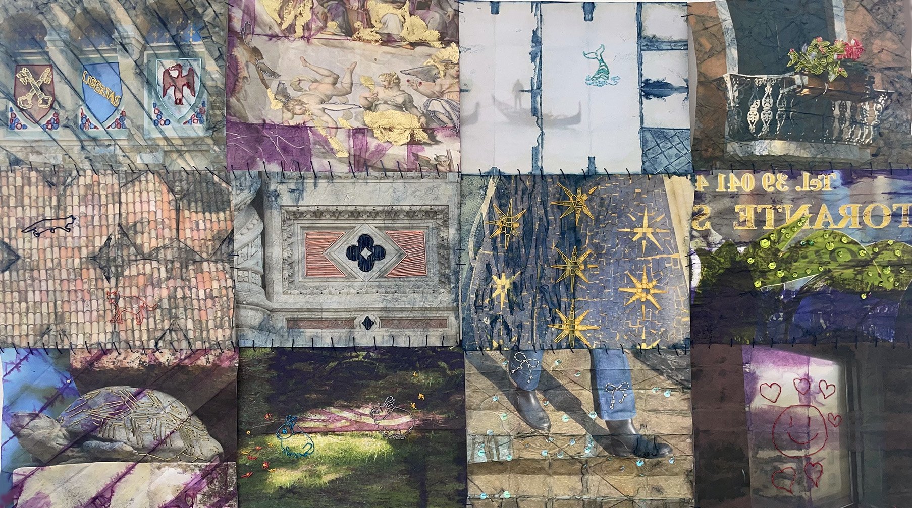 Talking Italian, 2024
12 inkjet photos on washi paper, indigo dye, linen thread, sequins and oil pastel
25.5" x 44"
$5500 custom framed in walnut
$5000 unframed