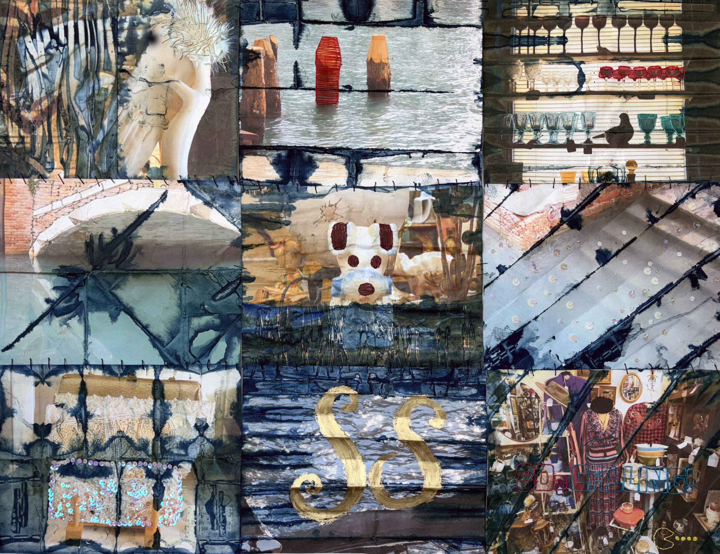 Bizarre Love Rectangle, 2024
9 inkjet photos on washi rice paper, indigo, linen thread, sequins and oil pastel
25.5" x 33"
$4000