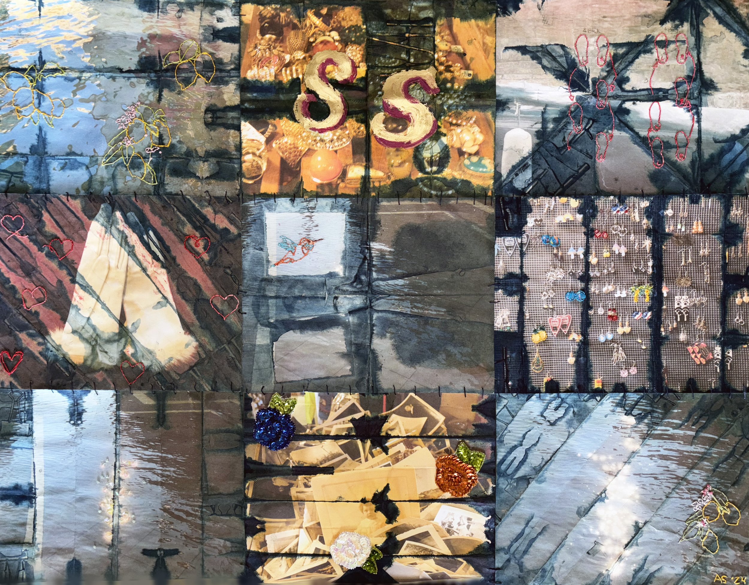 (Do) the Hustle, 2024
9 inkjet photos on washi rice paper, indigo dye, linen thread, sequins and oil pastel
25.5" x 33"
$4000