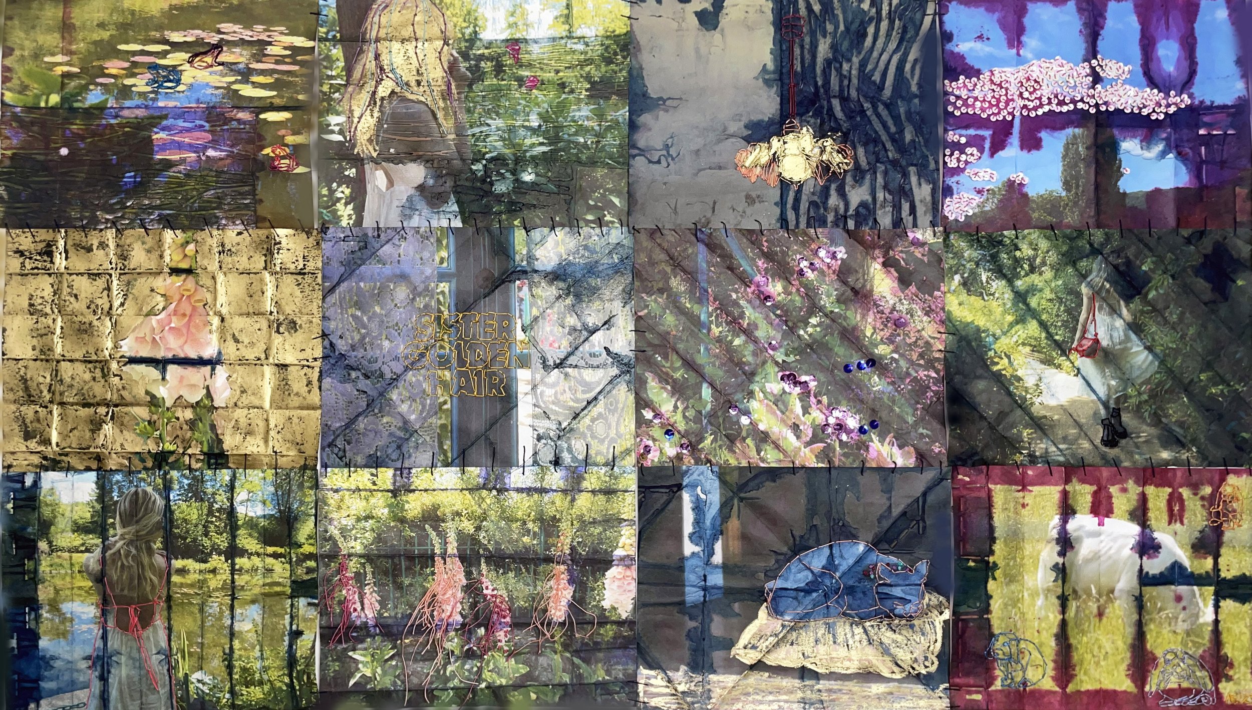 Sister Golden Hair, 2024
12 inkjet photos on washi rice paper, indigo, linen thread, sequins and oil pastel
$5500 framed in walnut
$5000 unframed
