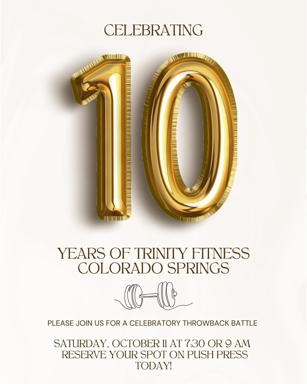 Come celebrate with us!! 

Jason, Andrew and Tim will be coaching a specially programmed anniversary battle Saturday morning! Make sure to reserve your spot in Push Press ASAP to join in on the fun! 

#10years #trinityfitness #tfcos #morethanagym