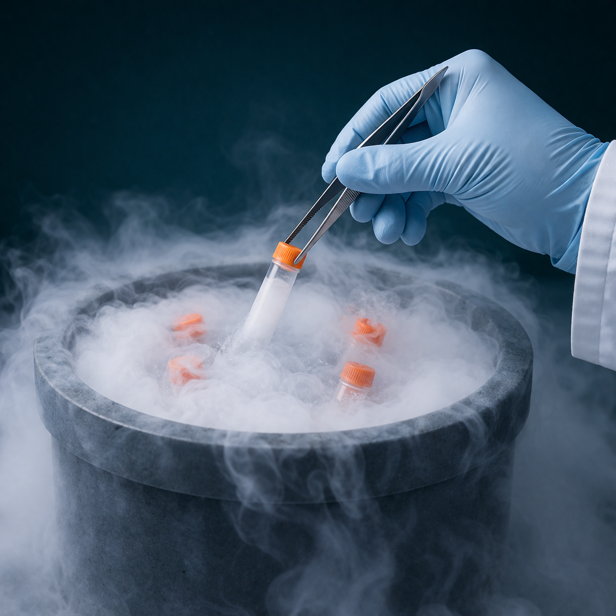 Scientist wearing blue gloves handling a test tube in a liquid nitrogen freezer with a foggy vapor surrounding it.