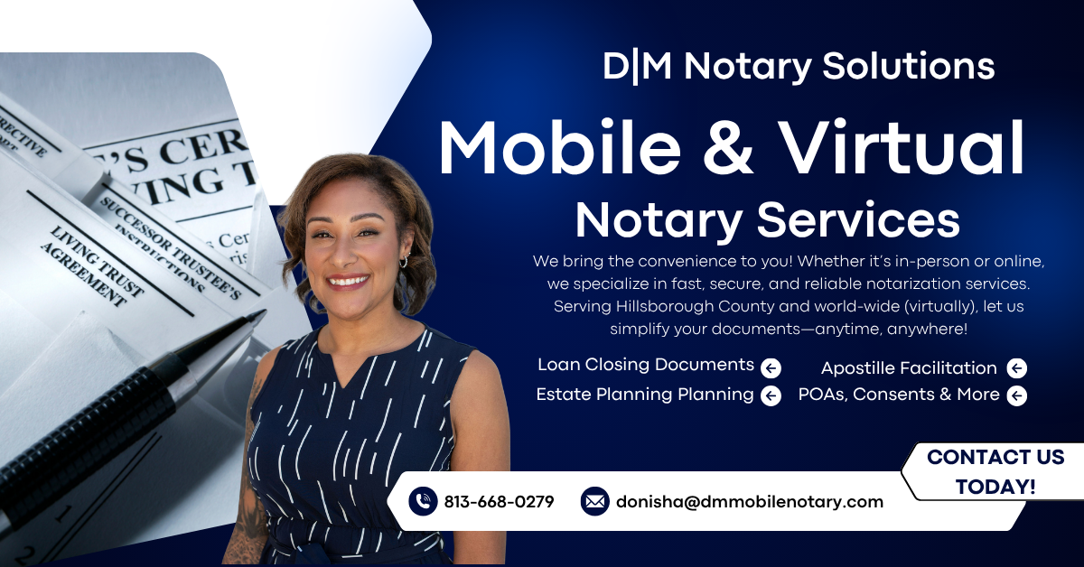 DM Notary Solutions offers in mobile and in-person notart services.