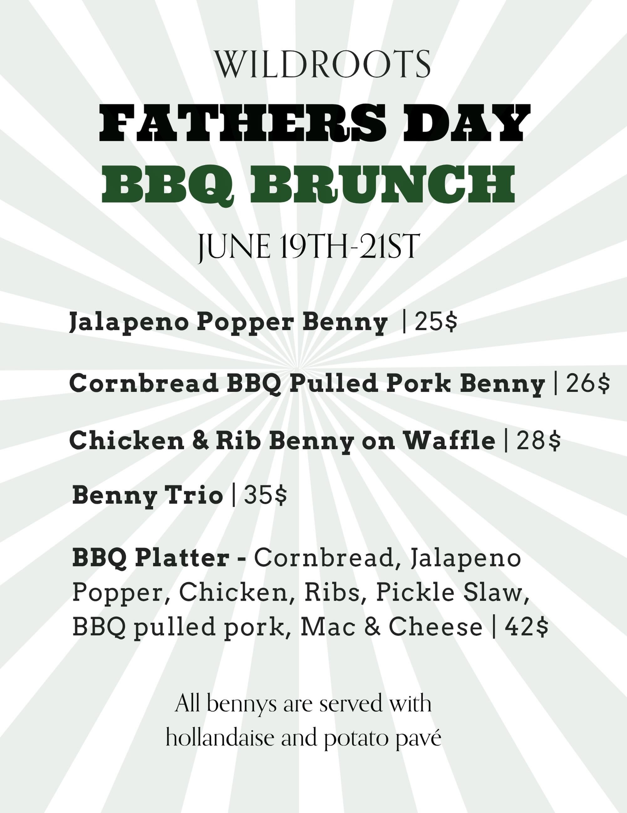 Join us June 19th-21st for these Father&rsquo;s Day BBQ Features.  We will be open our usual hours 9am-3pm for our usual menu and these delicious BBQ Bennys.  Walk in only. 

Bring your dads, grandpas, uncles, friends who tell bad jokes, friends who 