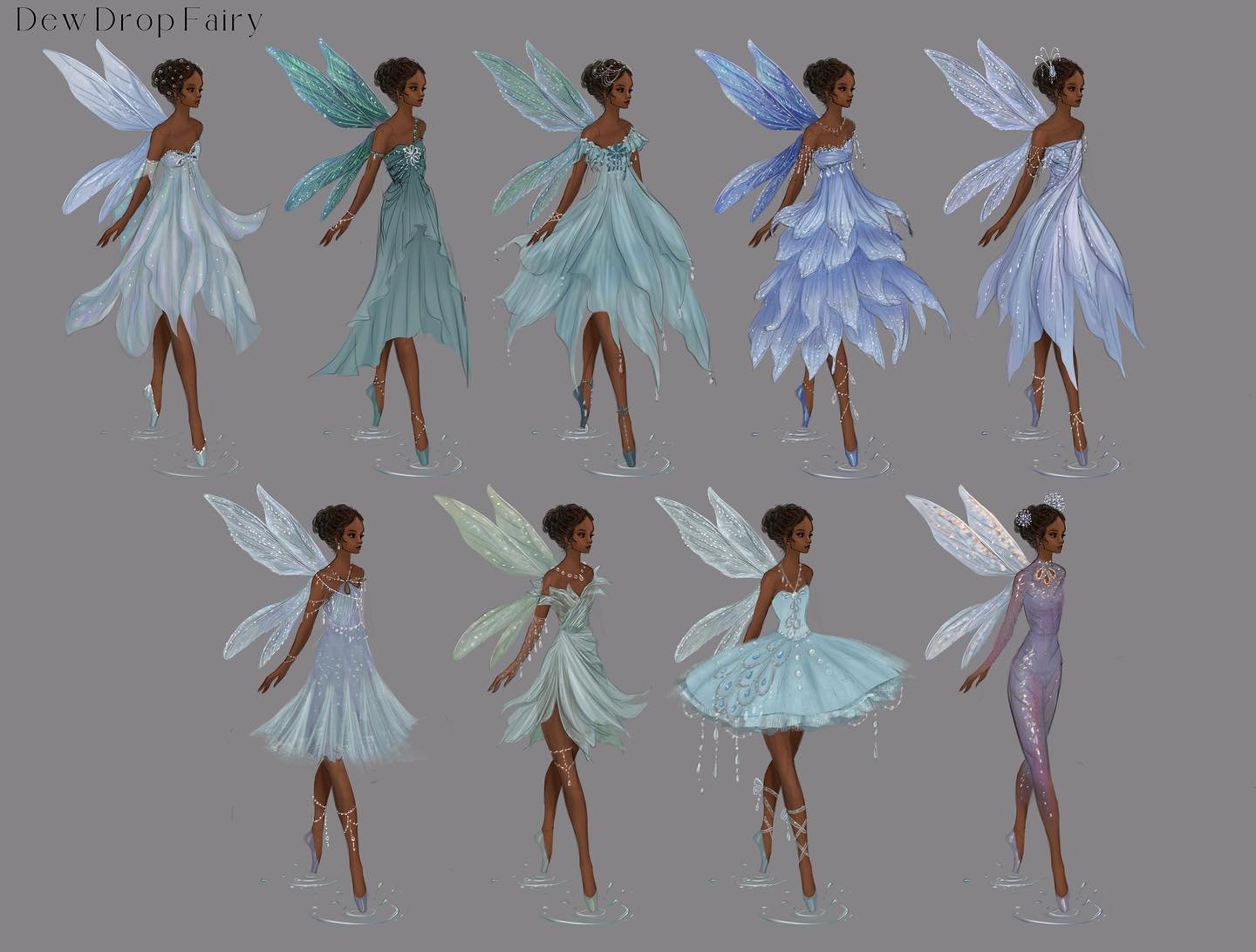 Dew drop concept art! 🪷💧✨ 

I had fun learning more about ballet &amp; dance history timelines and thought it&rsquo;d be fun to represent an array of ballet costumes throughout the story! 
My story is set in the Gilded Age, referencing when the ori
