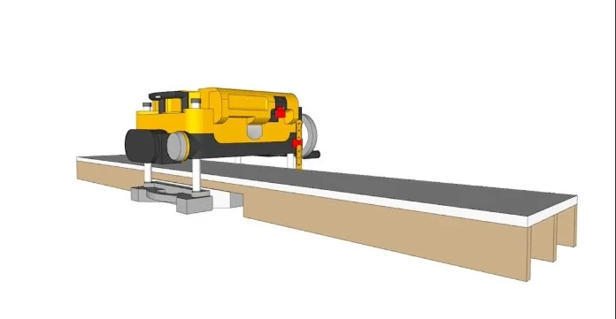 a digital rendering of a planer that has a diy built support bed that is longer than the typical wings