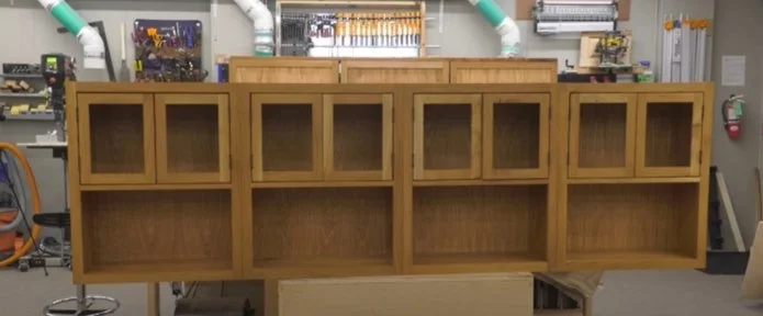 office cabinets hung using the french cleat system.