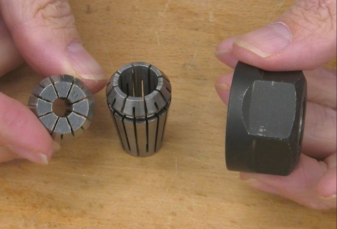 showing a 1/2" collet sleeve and 1/4" collet sleeve beside a collet nut
