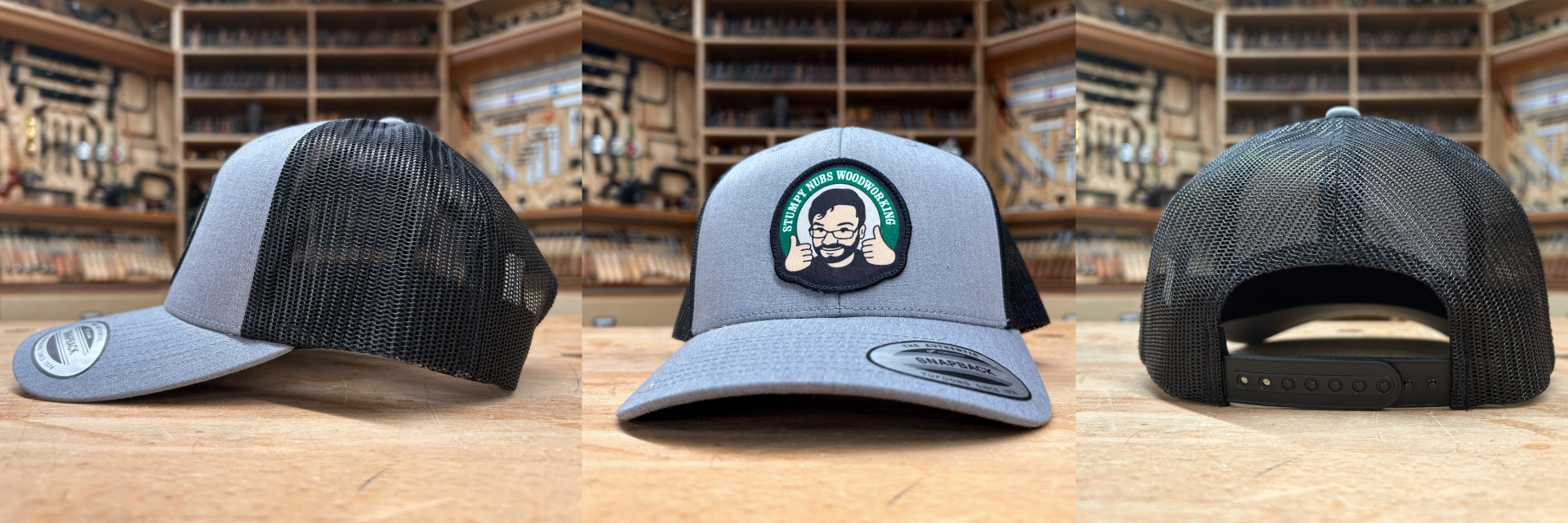 3 sides of the same grey hat with new stumpy nubs logo on the front