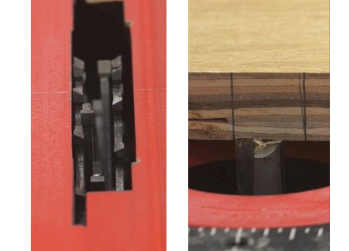 a dad blade set in a table saw versus a router blade set in a router table with a piece of plywood behind it