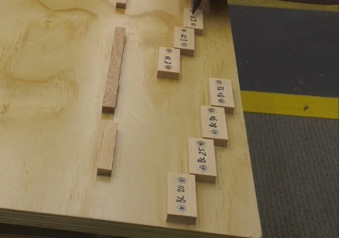 wooden blocks attached to a piece of plywood that indicates the bevel angles