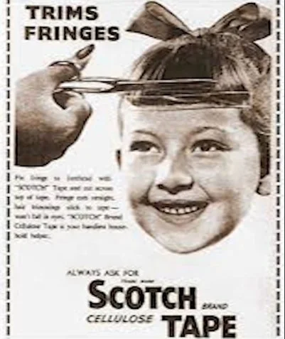 an advertisement for scotch tape where a woman's hand is seeing cutting a little girls bangs that are being kept straight with scotch tape