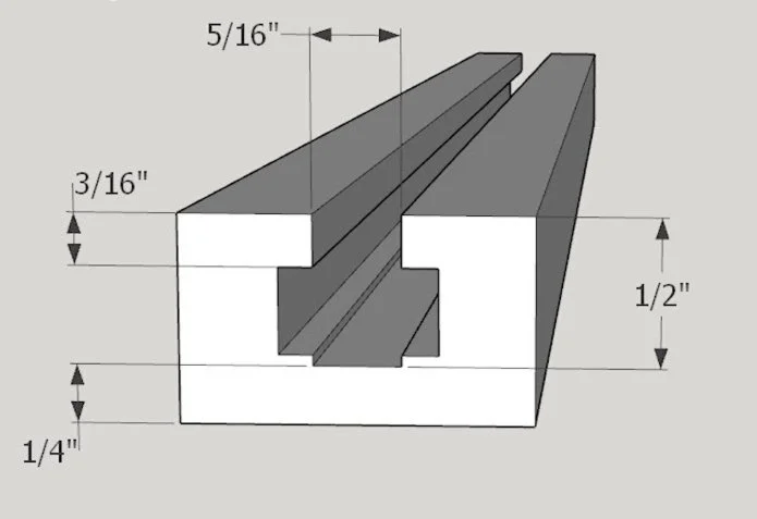 a digital rendering of the edge of a piece of t track, showing preferred dimensions
