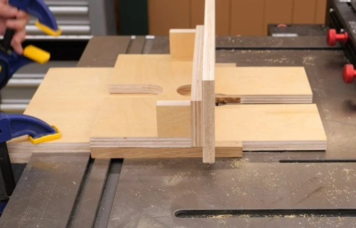 a router jig panel clamped to a router table with diy router fence and box joint jig on top