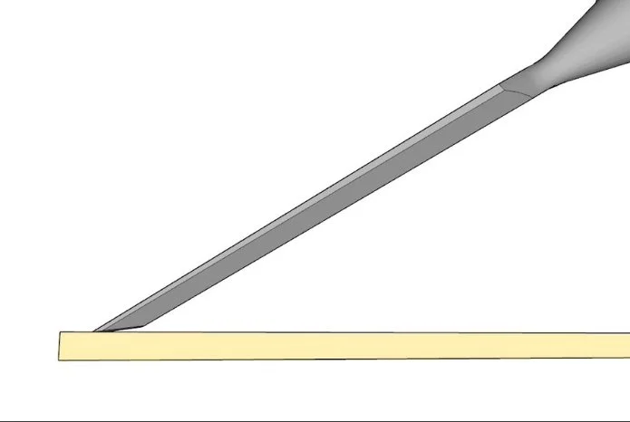 digital rendering of a chisel's bevel tiled a degree or two off of the hoining medium.