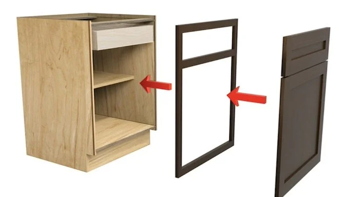 a digital rending of a cabinet, with a separated face frame, then separated door and drawer covers