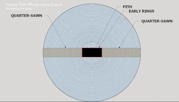 digital rendering of the inside of a tree showing how the pith needs to be removed to keep the slab more stable