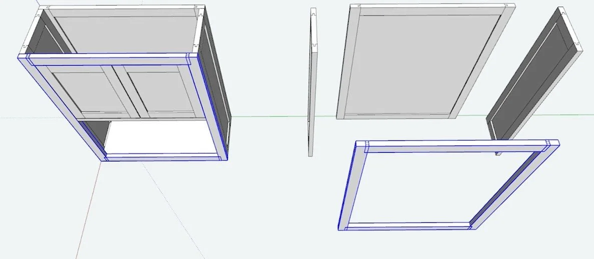 a digital rendering of the different components of a hanging cabinet. back and side panels vs the face frame.