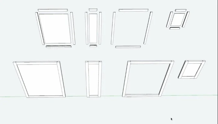 a digital rendering of 8 panels used in furniture with all the components separated out.