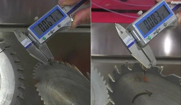 Measuring the thickness of an old saw blade (left) versus a modern saw blade (right)