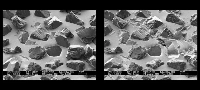 two microscopic images showing the surface of an unused diamond stone vs a used diamond stone