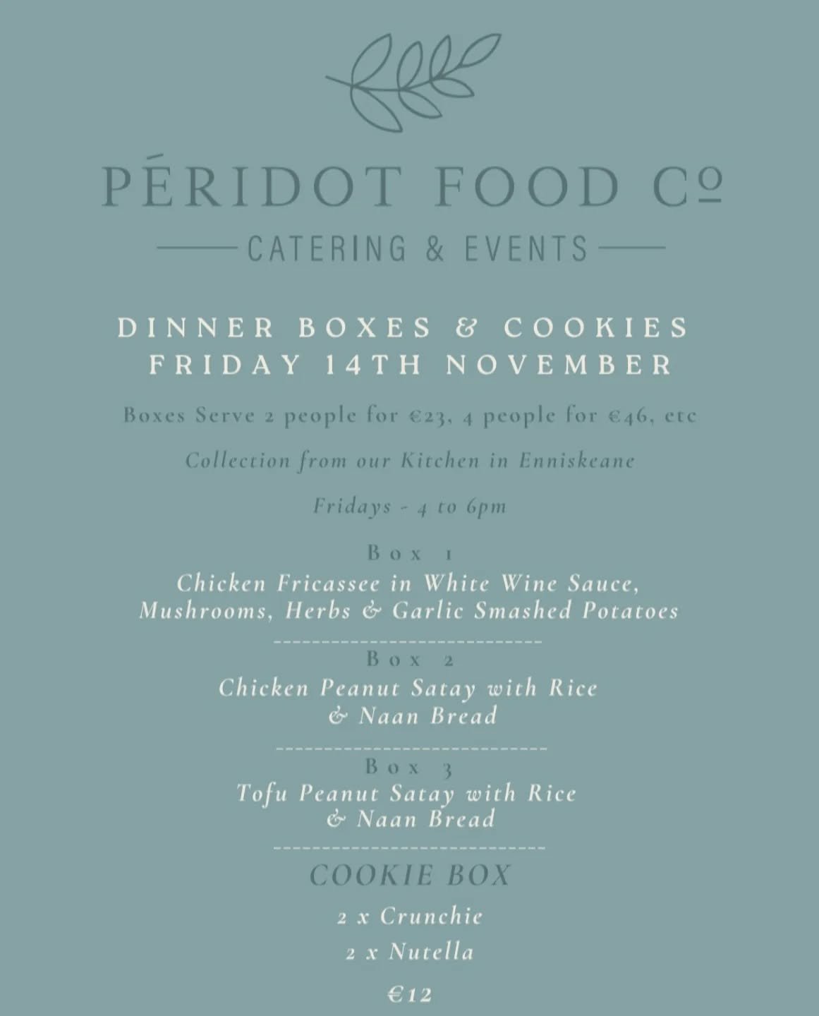 ✨️ Weekend dinners sorted! ✨️

This week&rsquo;s P&eacute;ridot menu is all about comfort and flavour!

🚨🚨🚨 An earlier order deadline this week - Wednesday @ 6pm please !!! 🚨🚨🚨

📍 Collection Friday 4&ndash;6pm from our kitchen in Enniskeane

W