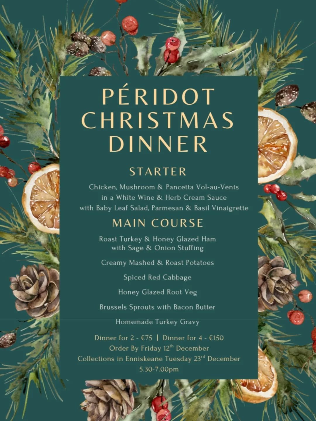 🎄🎄🎄 P&Eacute;RIDOT CHRISTMAS DINNER 🎄🎄🎄

Have a gourmet Christmas Starter &amp; Main Course at home without the hassle of cooking.....just heat it in the oven and enjoy your day 🎅

Our book is now open for Christmas Dinner orders up to the 12t