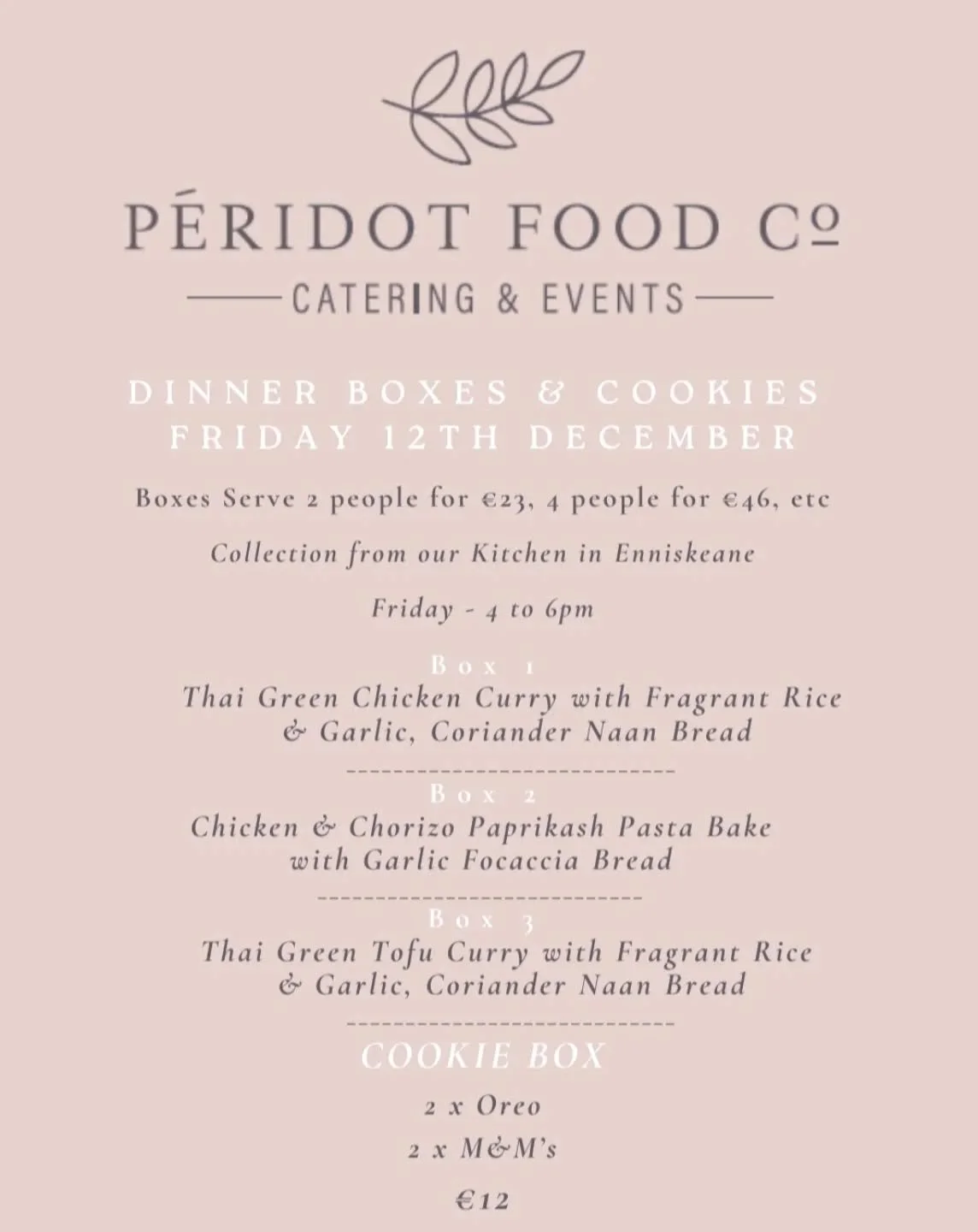 This weeks Dinner &amp; Cookie Boxes - Perfect for cosy evenings, busy families, or an effortless treat at the end of the week 👌

☎️ Call or WhatsApp us on 083-1299446 to place your order before 6pm this Thursday 

📍Collections from our kitchen in 
