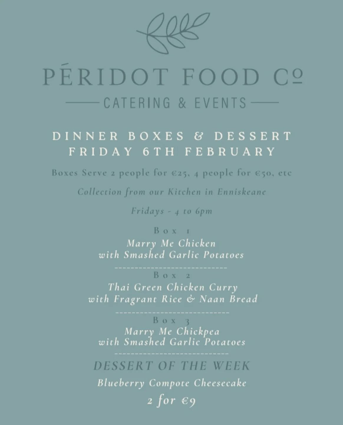 This week&rsquo;s menu includes:

&bull; Marry Me Chicken with Smashed Garlic Potatoes
&bull; Thai Green Chicken Curry with Fragrant Rice &amp; Naan
&bull; Marry Me Chickpea with Smashed Garlic Potatoes (vegetarian)

And because every great dinner de