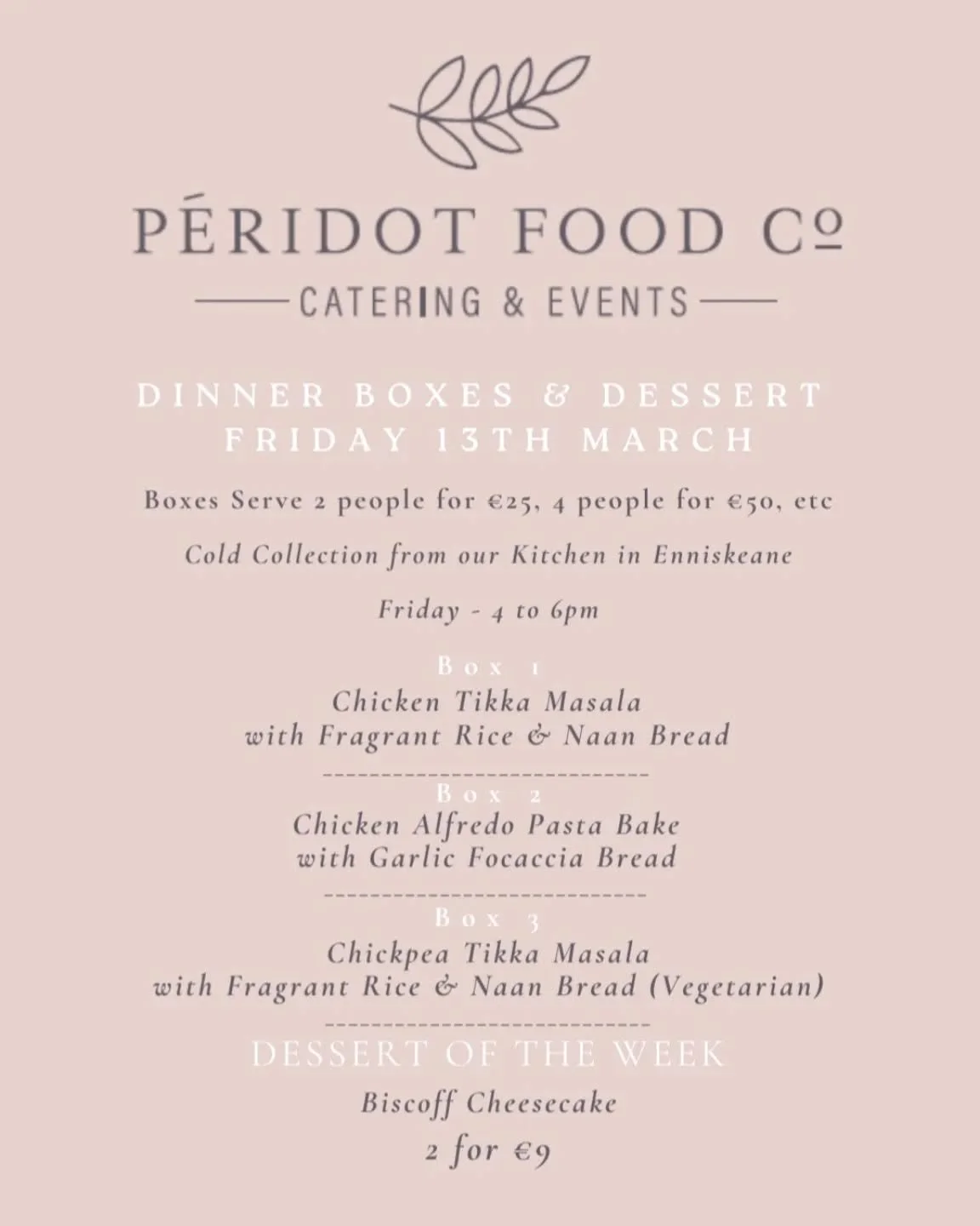 🚨Warning: Reading this may result in ordering Tikka Masala, Alfredo Pasta Bake, Biscoff Cheesecake or all of the above 😋

Orders in by 6pm this Thursday please

☎️ Call or WhatsApp us on 083-1299446 to place your order 

📍Collections from our kitc